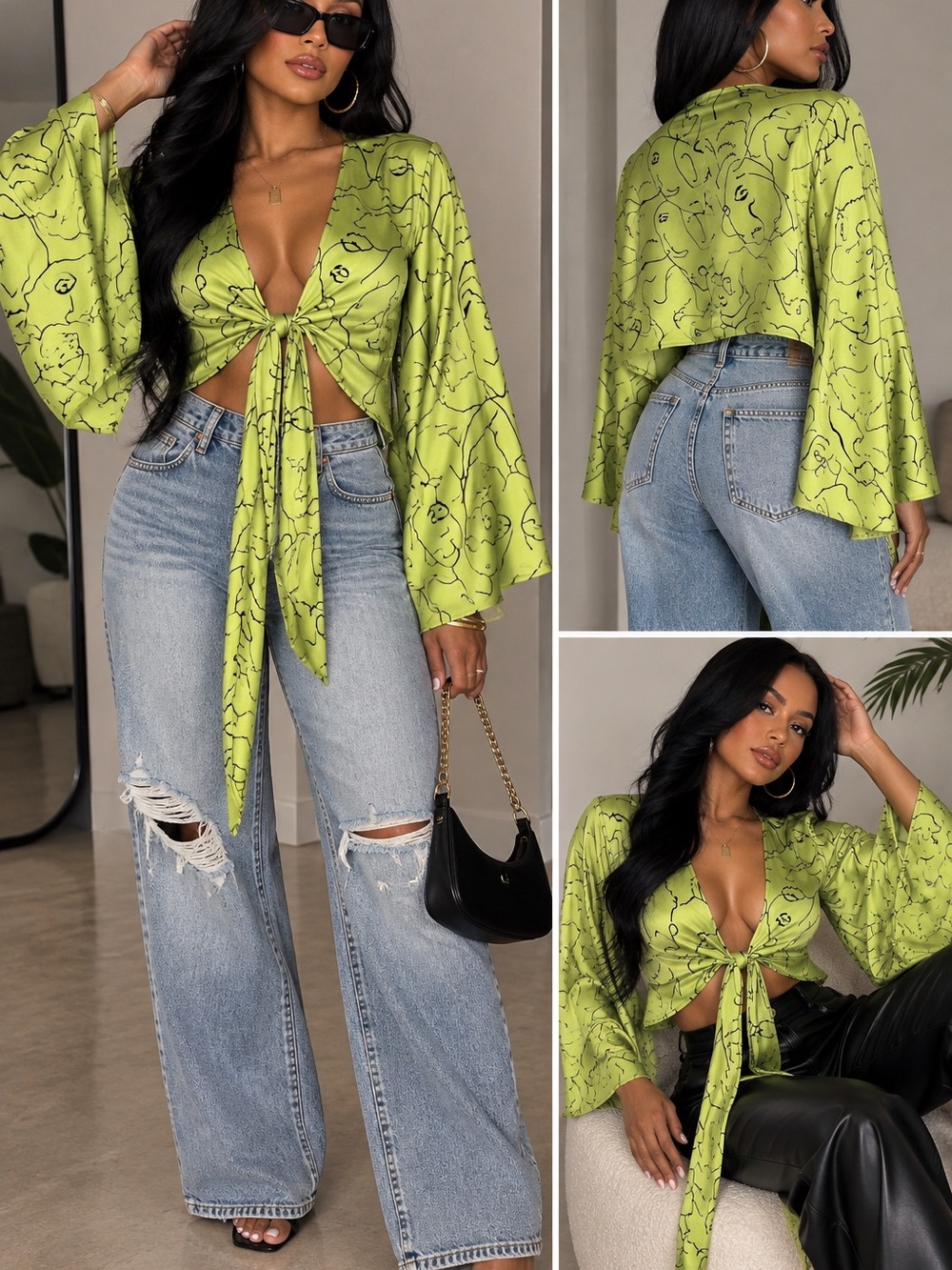 Tie-Front Lime Green Printed Women's Top size L